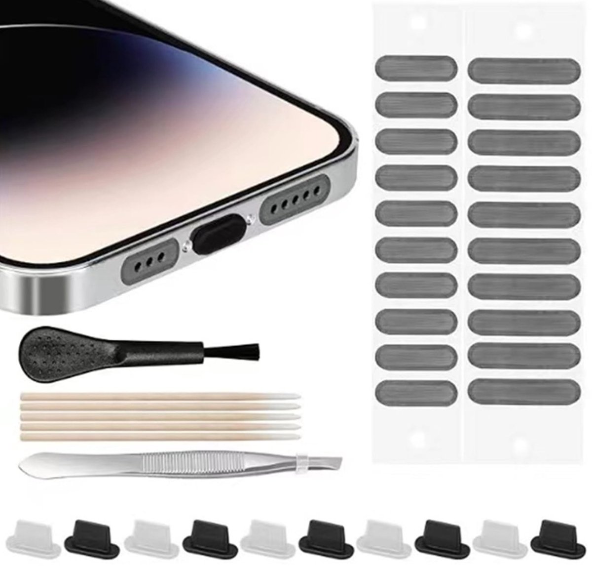 Dailygoods - mobiele telefoon stofbeschermingsset - stofkappen voor iPhone - 37 stuks - USB-C reinigingsset - bescherming voor luidsprekers - perfect...