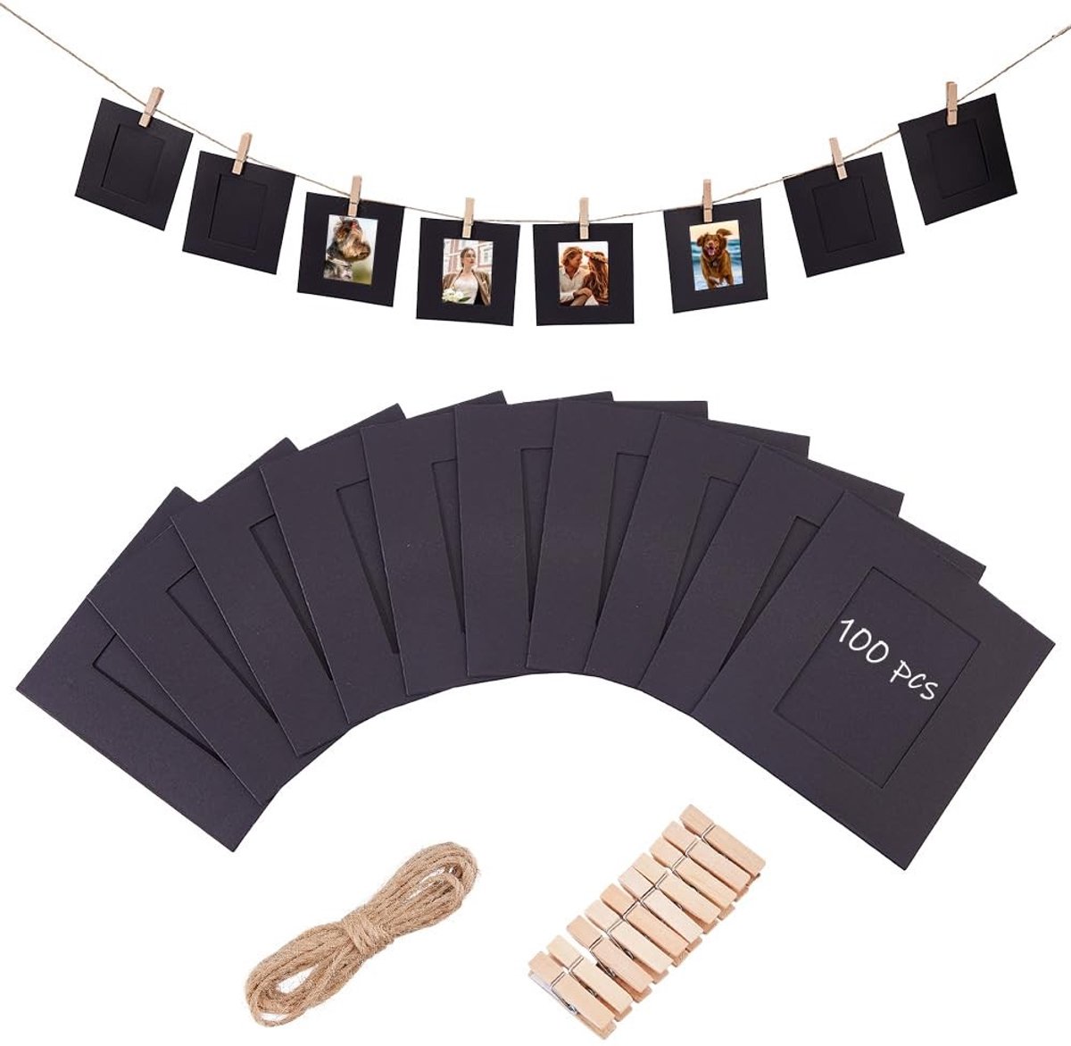 Dailygoods- Fotolijst 100 stuks - Papieren Fotolijst 9,7 x 9,5 cm - Wanddecoratie met Houten Clips - String voor Bruiloft/Feest - Rechthoekige Muur Fotodisplay - Inclusief Jute Touw