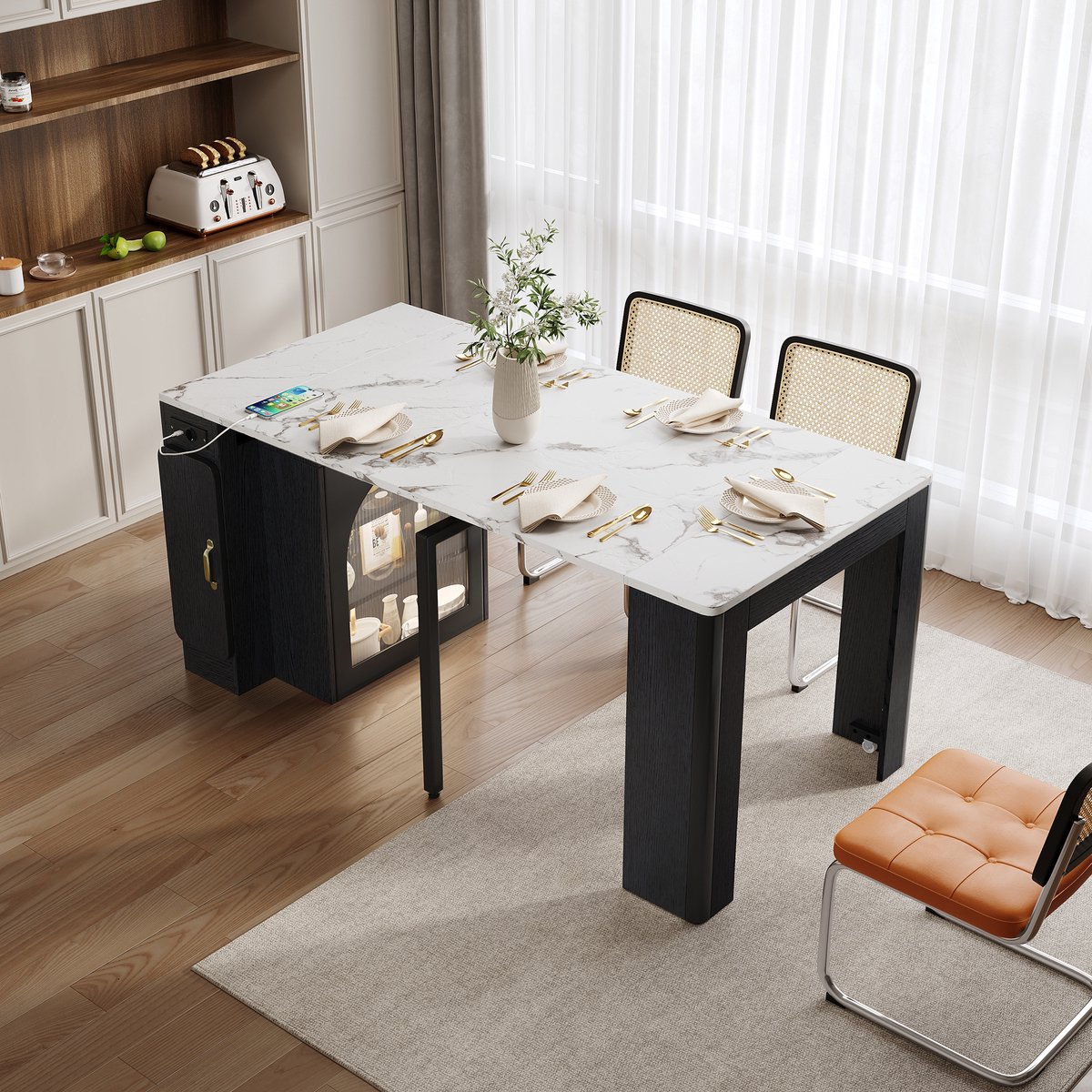 DESMIU Keuken Eiland Op Wielen - Uitschuifbare Eettafel Met Opbergvakken En Led - Voor Keuken En Eetkamer - MDF En Glas - Wit Zwart - 83x39,6~149,6x77 Cm