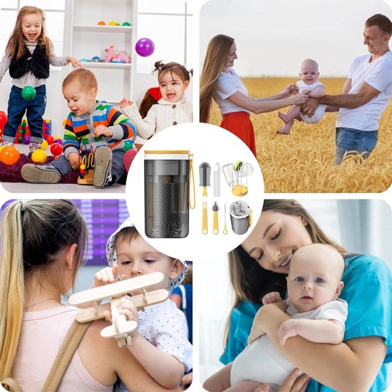 Reizen babyflessenborstelset - Draagbare siliconen flessenborstel, tepelreinigingsborstel, rietborstel, zeepdispenser en flessendroogrek in geel — afbeelding 3