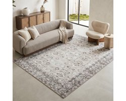 TAPISO Ispahan Vloerkleed Oosters Klassiek Vintage Bloemen Antislip Beige Crème Grijs Woonkamer Slaapkamer Oeko-Tex 140x200