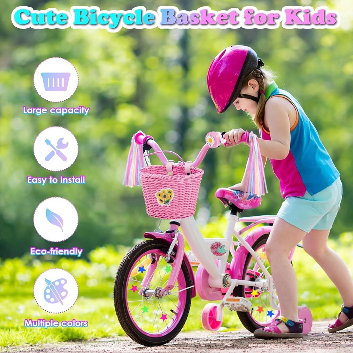 Dailygoods- Fietsmand met accessoires - Fietsbel - Kwastbanden - Stickers - Decoratie - Roze - 21x16x16 cm - Fietsaccessoires