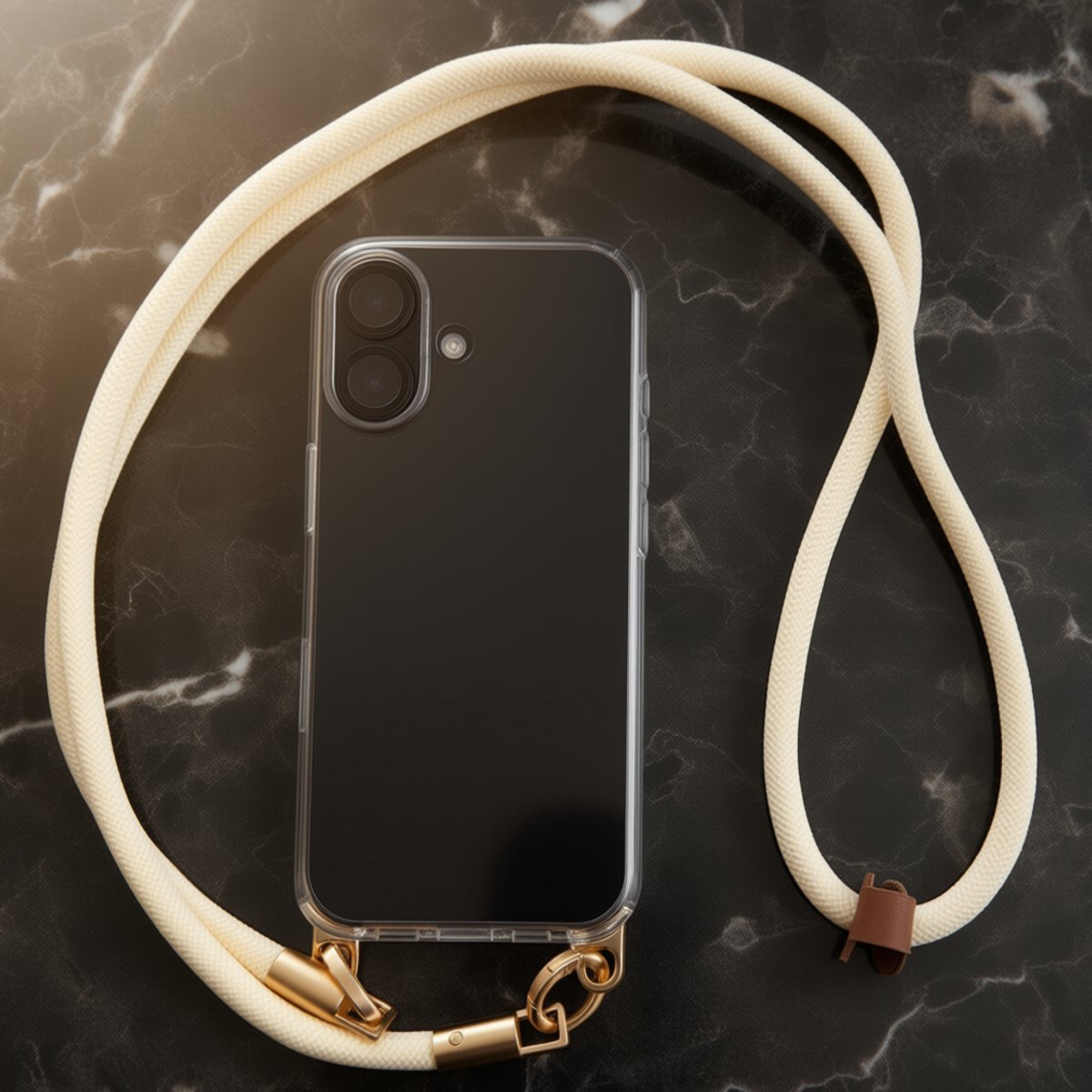 iPhone 17 Hoesje met Luxe Telefoonkoord – Transparante Case met Crossbody Lanyard – Fashion Telefoonkoord Dames – Dubbele Gouden Bevestiging – Inclusief Adapter – Crème Wit