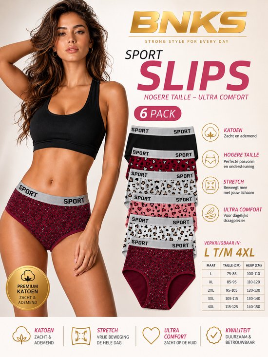 Vrouw in sportbeha en bordeauxrode slip met luipaardprint. Pack met 6 slips, hogere taille, ultra comfort.