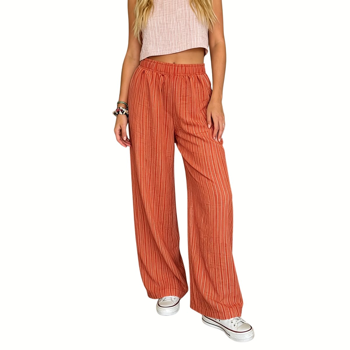 Currero Linnen Broek Dames Zomerbroek Volwassenen Lange Broek Pantalon Strandbroek Zomer Ibiza Stijl Streep Oranje
