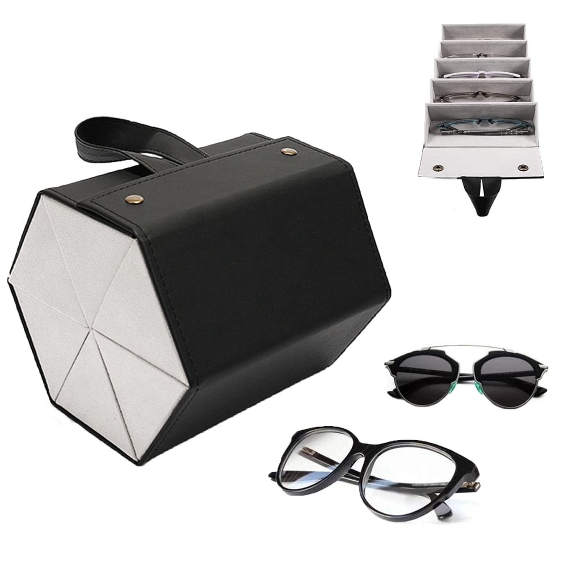 Dailygoods- Opbergdoos Lichte 6-Slot - Brillenkoker - Opvouwbaar - Organizer - PU Lederen - Handvat voor Transport - Brillenhouder