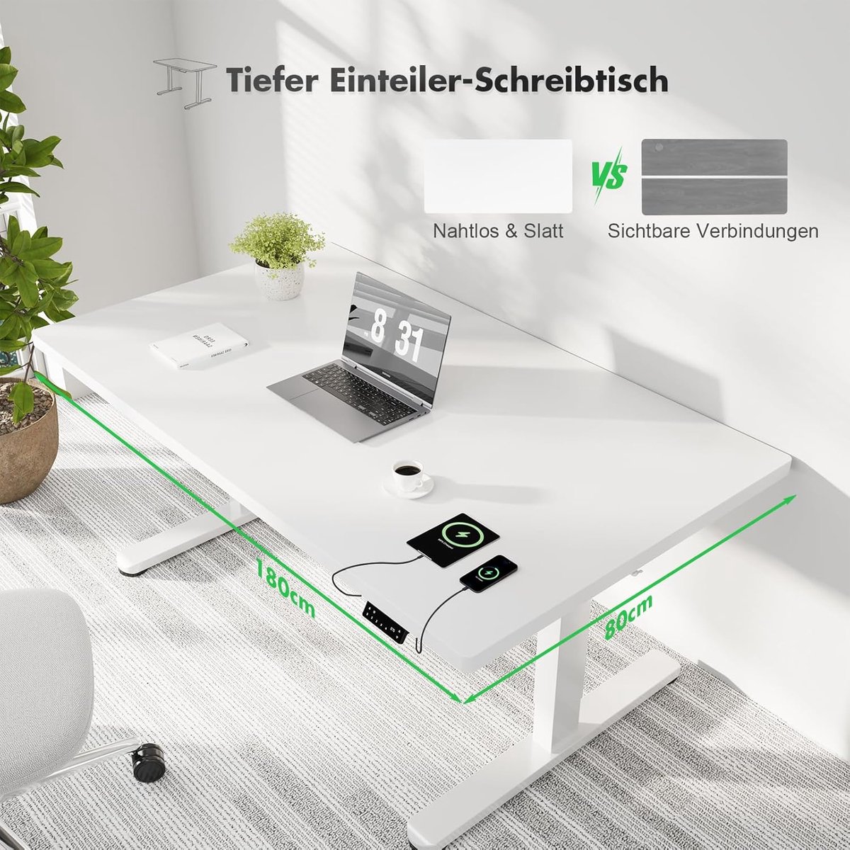 Elektrisch Zit-Sta Bureau 180x80 cm – House&Garden Pure White Pro Verstelbaar Bureau met USB-Poort, Geheugenfunctie, Kabelmanagement, Ergonomisch Thuiswerk Bureau, Computerbureau, Gaming Bureau, Wit