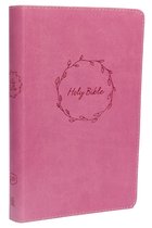 Roze Bijbel met gouden 'Holy Bible' inscriptie omringd door een takkenkrans.