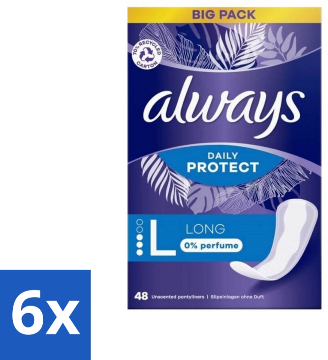 6 x Always - Inlegkruisjes - Long - 0% Parfum - 48 Inlegkruisjes - Inlegkruisjes - Always - Inlegkruisjes Lang - Parfumvrije Inlegkruisjes - Inlegkruisjes Voor Dagelijks Gebruik