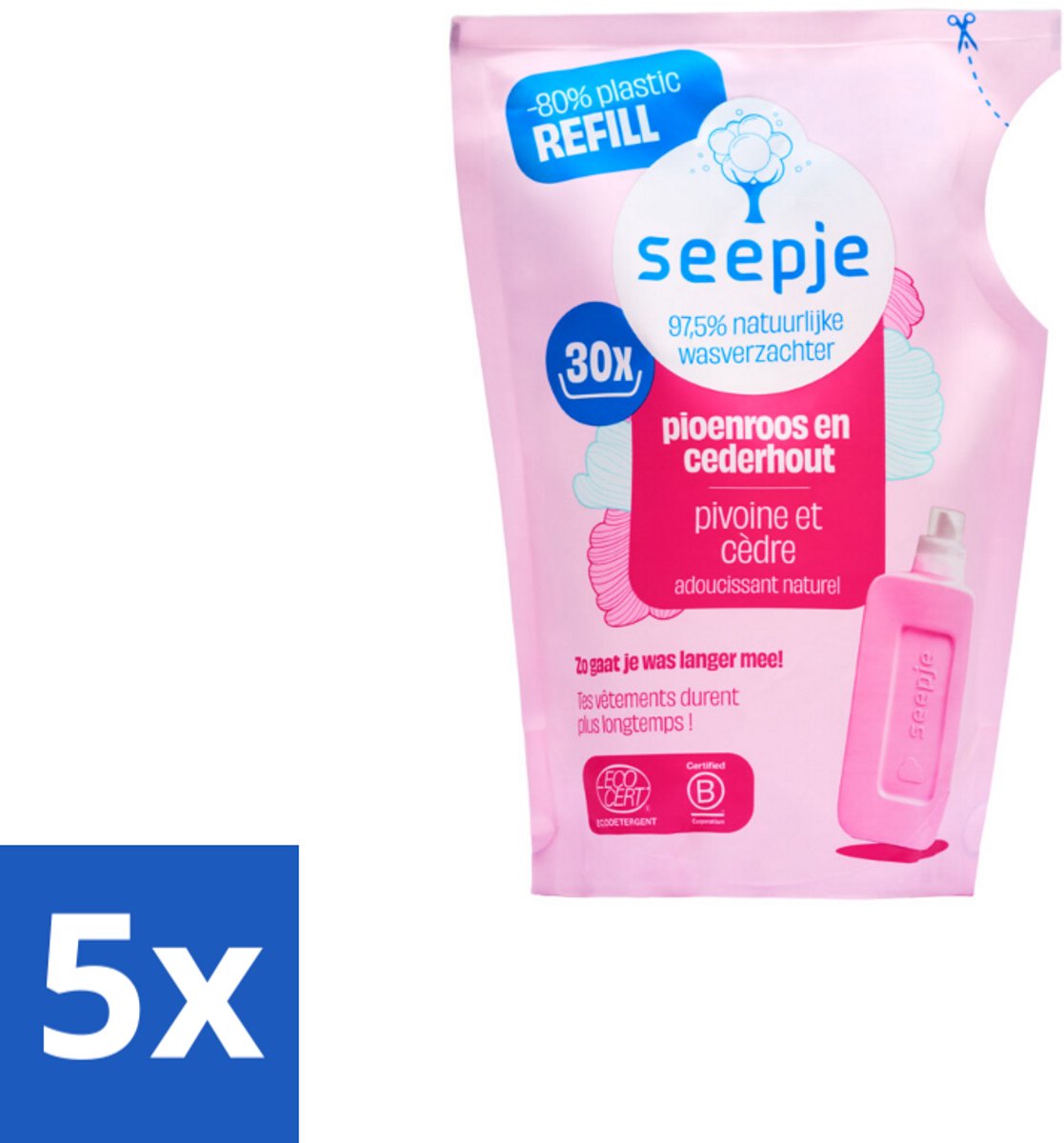 Seepje - Wasverzachter - Duurzaam & Frisse Geur - Navulling - Pioenroos en Cederhout - 30 Wasbeurten - 750 ml - Bulkverpakking - 5 stuks