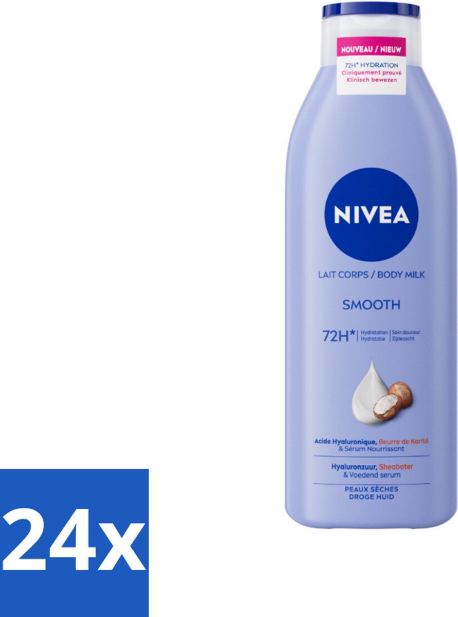 24 x Nivea - Smooth Body Milk - Sheaboter - 72 uur Hydratatie - Voor Droge Huid - 250 ml - Nivea Bodylotion - Bodymelk Droge Huid - Hydratatie - Sheaboter - Hyaluronzuur