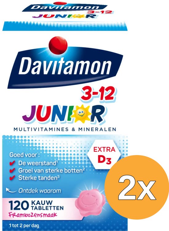 Davitamon Junior 3-12 kauwtabletten met frambozensmaak, 120 stuks, Extra D3. De verpakking toont een roze kauwtablet.
