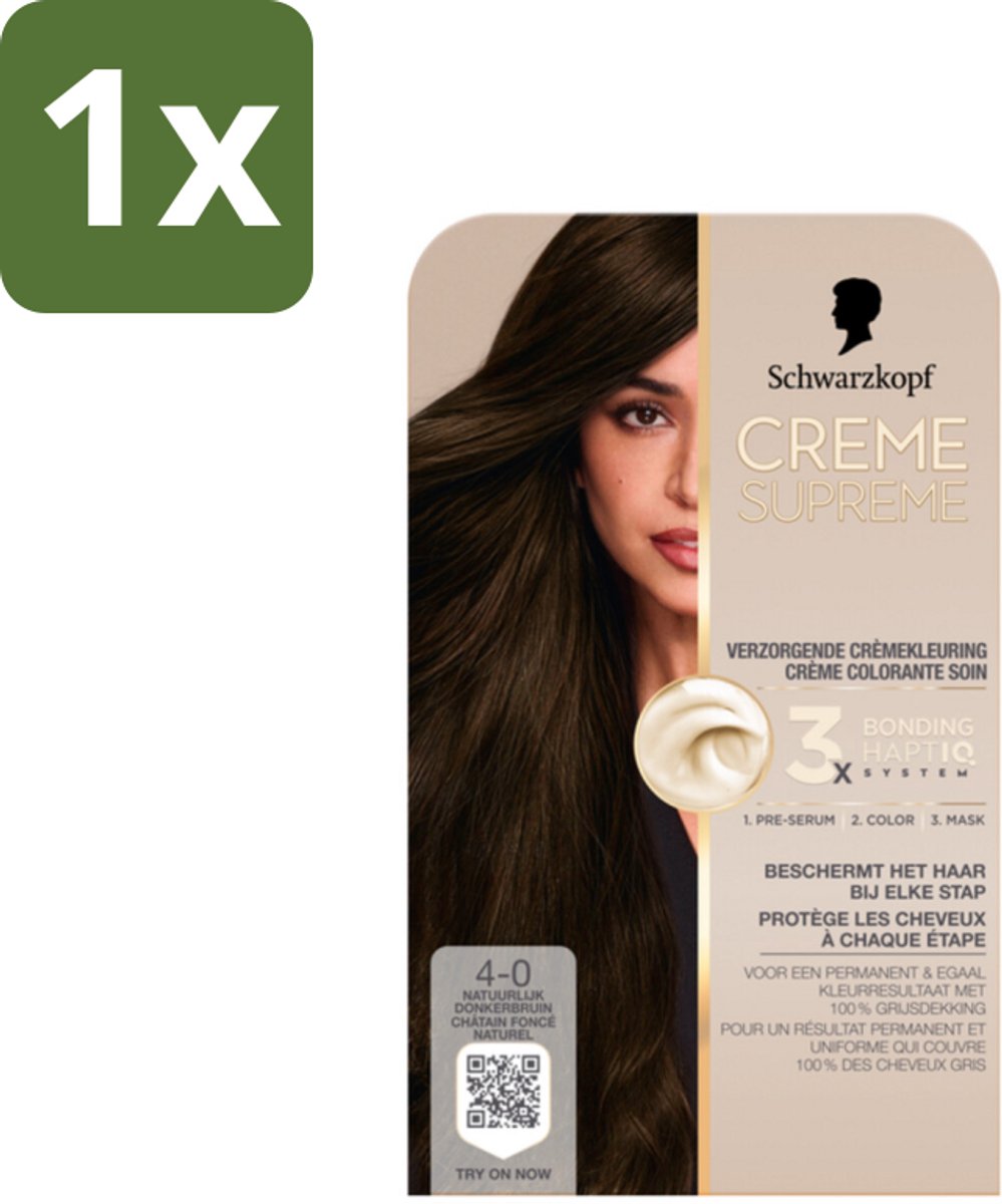 1 x Schwarzkopf - Haarkleuring - Creme Supreme 4-0 - Natuurlijk Donkerbruin - 245g - Haarkleuring - Permanent - Donkerbruin - 100% Grijsdekking - Haarverzorging