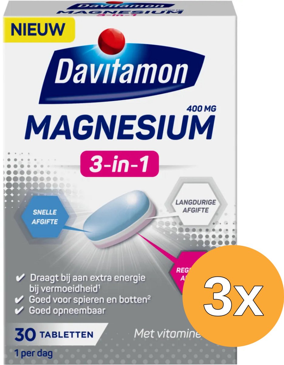 3x Davitamon Magnesium 3-in-1 (30 tabletten)