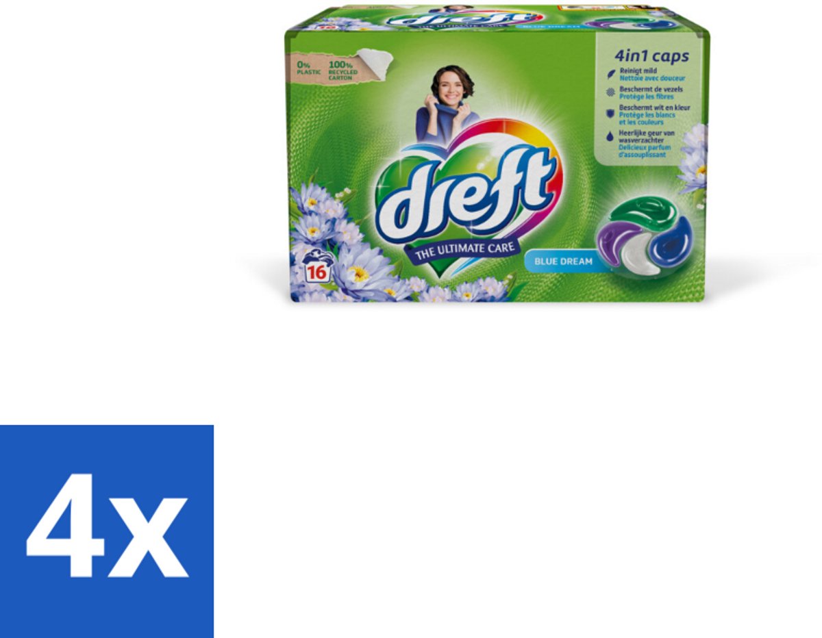 4 x Dreft - Wasmiddelcapsules - Blue Dreams - Frisse geurboost - 16 Wasbeurten - Wascapsules - Plasticvrije Verpakking - Wasmiddel - Wascapsules Dreft - Wasmiddel Capsules