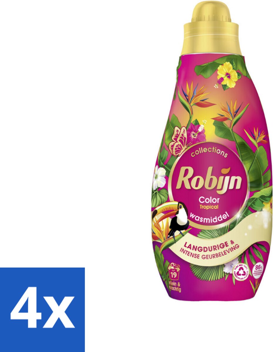 4 x Robijn - Klein & Krachtig Color Tropical - Wasmiddel - 19 Wasbeurten - 665 ml - Wasmiddel - Kleurwas - Tropische Geur - Wasverzachter - Biologisch Afbreekbaar