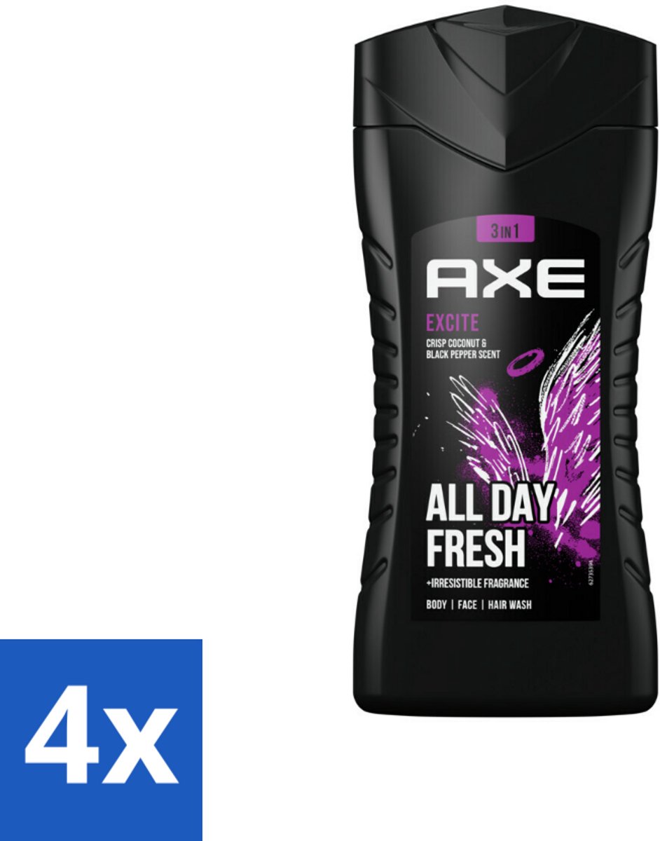 4 x AXE - 3-in-1 Douchegel - Excite - Lichaam, Gezicht & Haar - Verleidelijke Geur - 250 ml - 3-in-1 Douchegel - Mannelijke Geur - Kokosnoot Geur - Zwarte Peper Geur - Langdurige Frisheid
