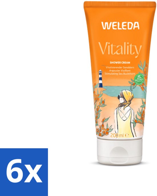 Oranje douchecrème tube met afbeelding van een vrouw met zonnebril, op het strand met duindoornstruiken en een vuurtoren. 200ml.