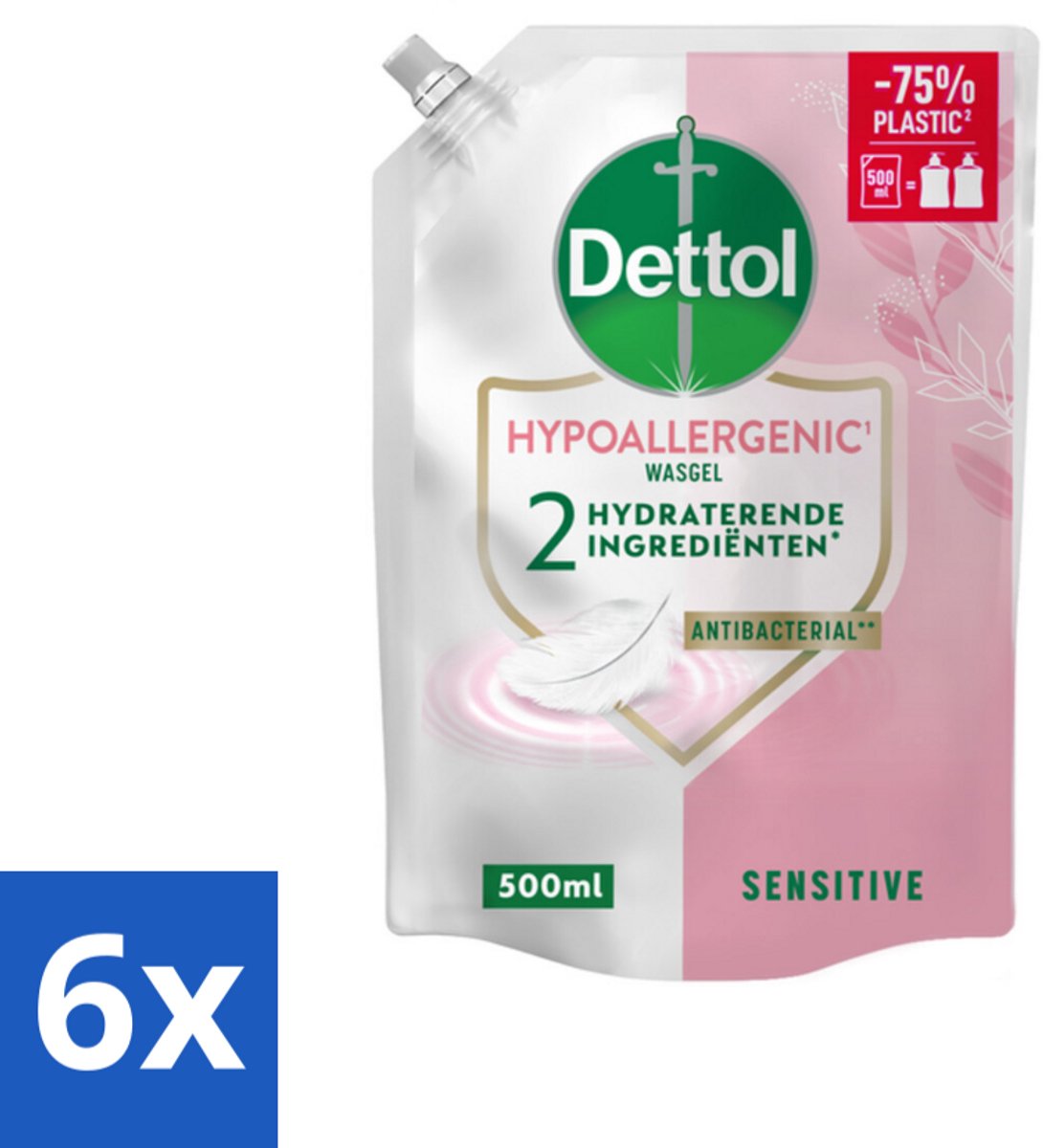 6 x Dettol - Handzeep Navulling - Hypoallergenic - Sensitive - 500 ml - Handzeep Navulling - Hypoallergene Handzeep - Gevoelige Huid - Antibacteriële Zeep - Duurzame Handzeep