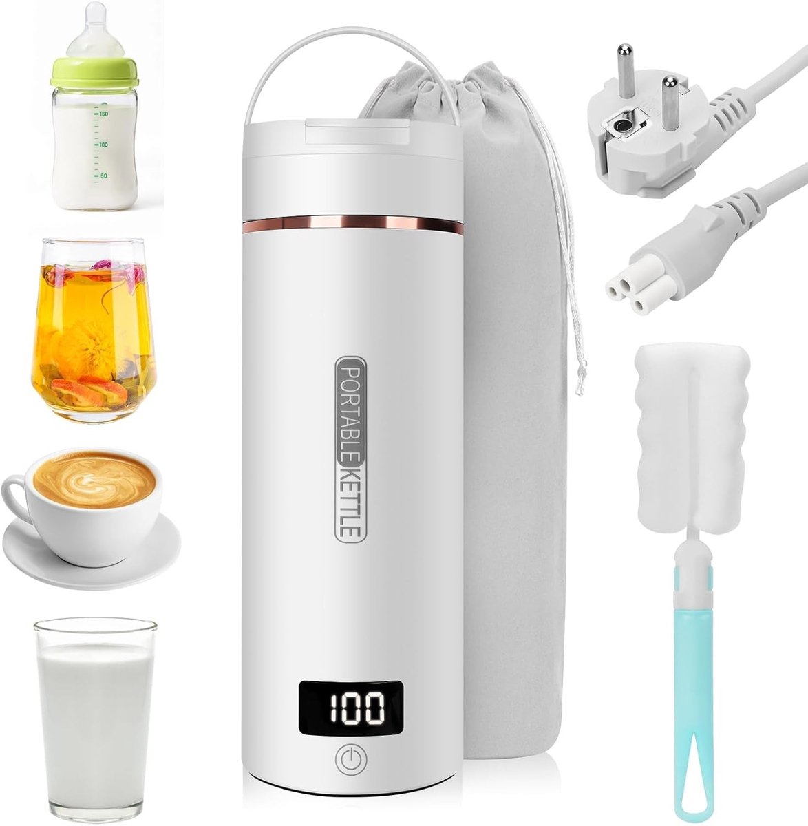 Reiswaterkoker - RVS 316 - 450 ml - Elektrische Waterkoker met 6 Temperatuurinstellingen - Draagbaar voor Reizen en Thuis