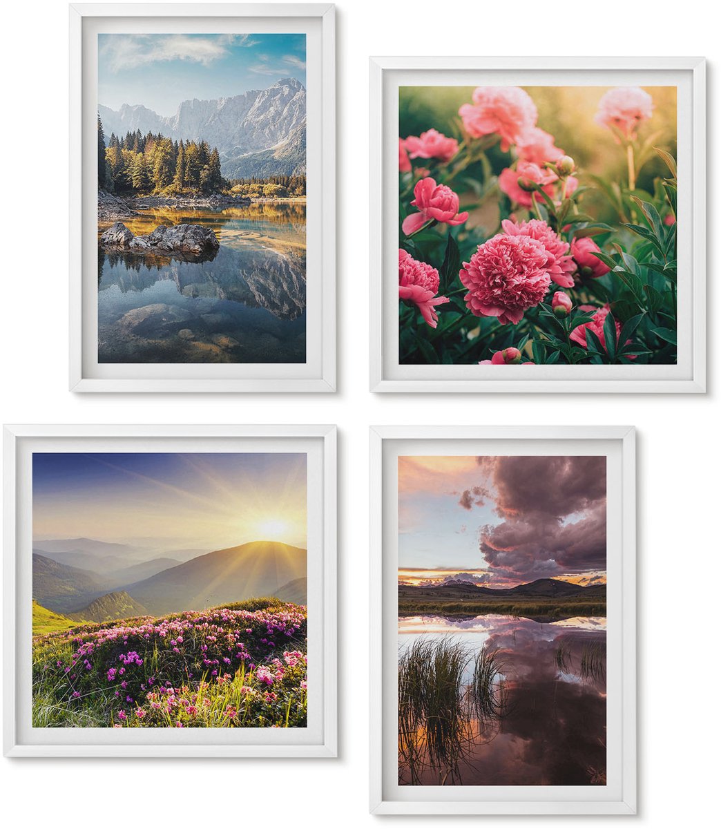 Wallfluent 4-Delige Schilderij Set - Bloemen In De Tuin, Bergweide, Bos En Op Het Wateroppervlak. - 40 x 40 En 40 x 60 - Wanddecoratie - Moderne Interieurdecoratie - Woonkamer Decoratie