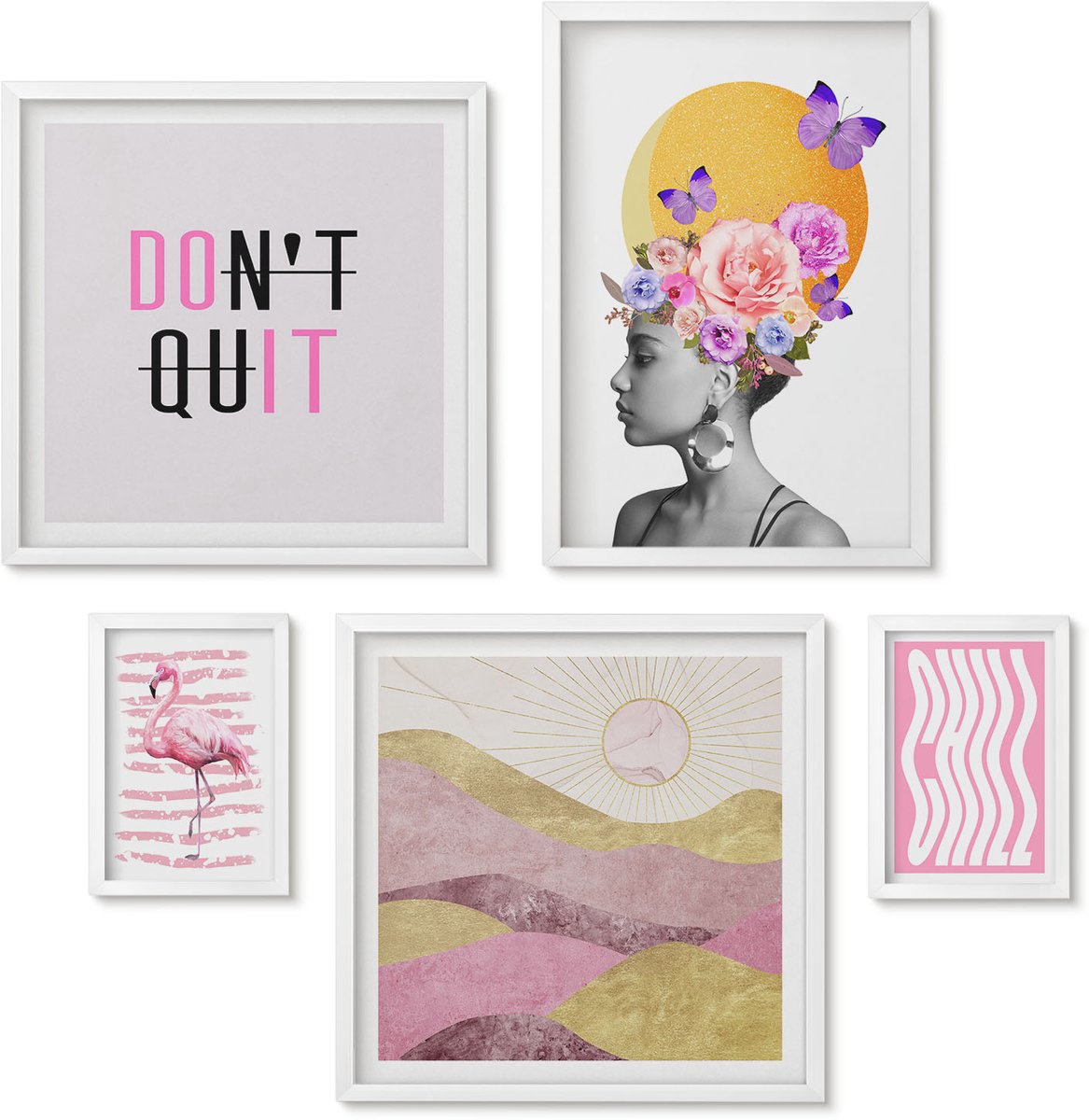 Wallfluent 5-Delige Schilderij Set - Boho-Stijl Met Bloemenmotieven En Inspirerende Slogans - 50 x 50 cm, 20 x 30 cm En 40 x 60 cm - Muurdecoratie - Wanddecoratie - Hal - Stijlvolle Muurdecoratie