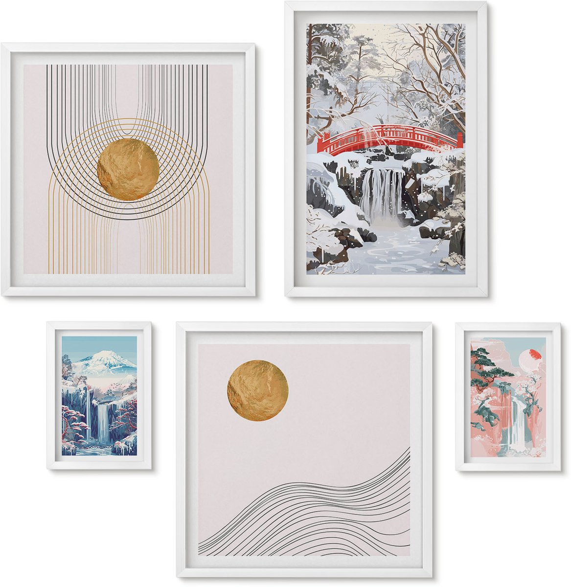 Wallfluent 5-Delige Schilderij Set - Landschappen Met Watervallen En Bruggen In Japanse Stijl. - 50 x 50 cm, 20 x 30 cm En 40 x 60 cm - Decoratieve Schilderijen - Wanddecoratie - Hal