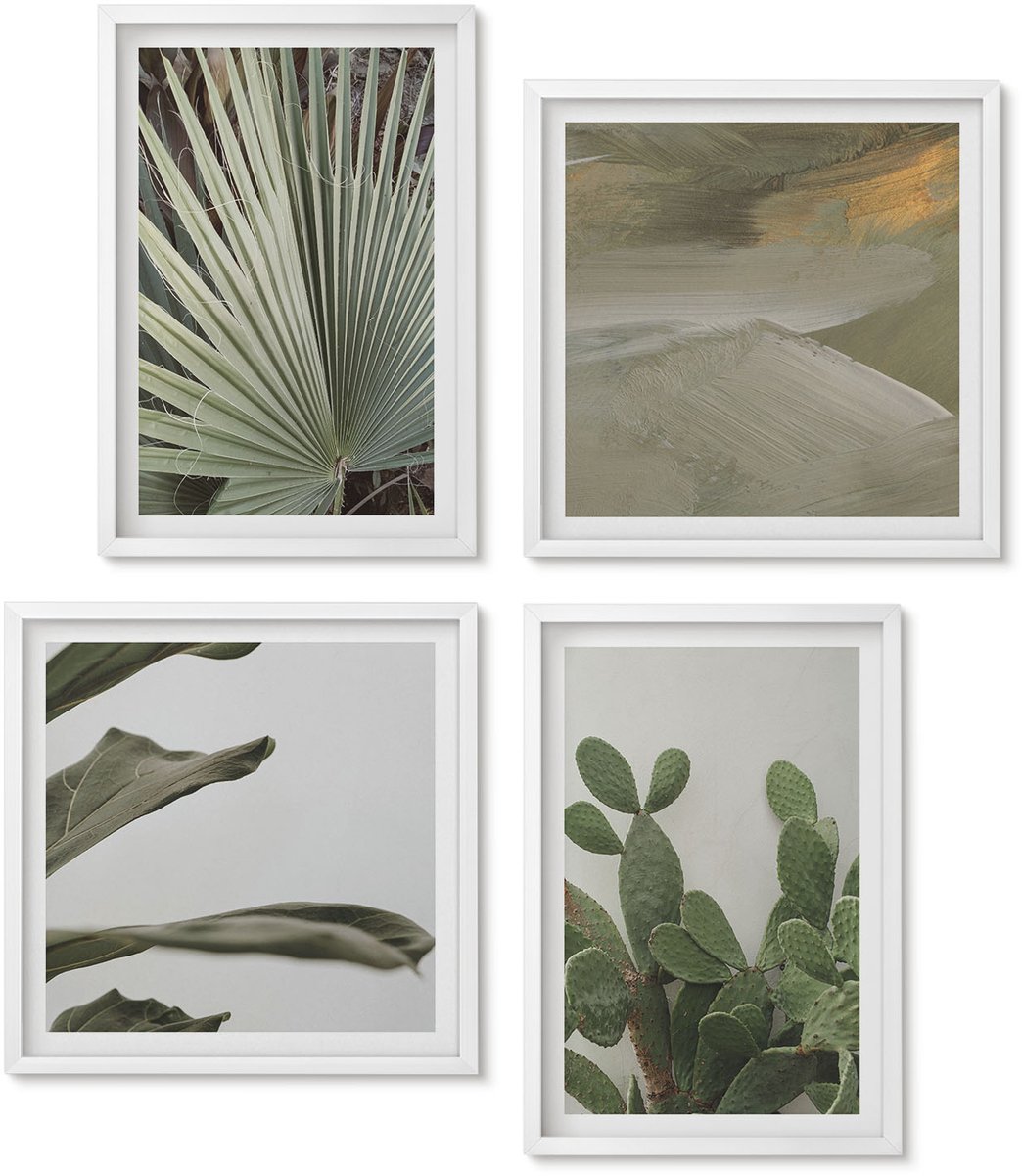 Wallfluent 4-Delige Schilderij Set - Bladeren Van Tropische Planten In Pastelkleuren - 40 x 40 En 40 x 60 - Moderne Wanddecoratie - Woonkamer - Woonkamer Decoratie