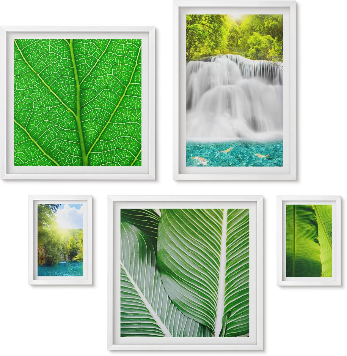 Wallfluent 5-Delige Schilderij Set - Tropische Landschappen Met Watervallen En Palmbladeren - 50 x 50 cm, 20 x 30 cm En 40 x 60 cm - Schilderijen Set - Wanddecoratie - Woonkamer - Interieur Decoratie