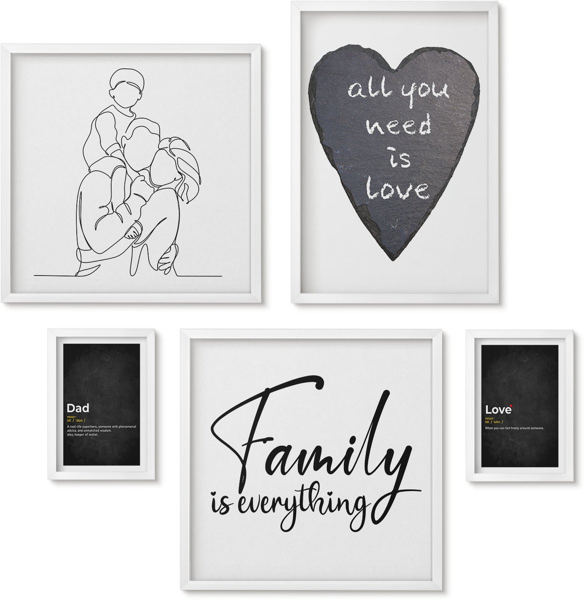 Wallfluent 5-Delige Schilderij Set - Familiewaarden Van Liefde En Verbondenheid In Een Moderne Stijl - 50 x 50 cm, 20 x 30 cm En 40 x 60 cm - Wanddecoratie - Woonkamer Decoratie - Muurdecoratie