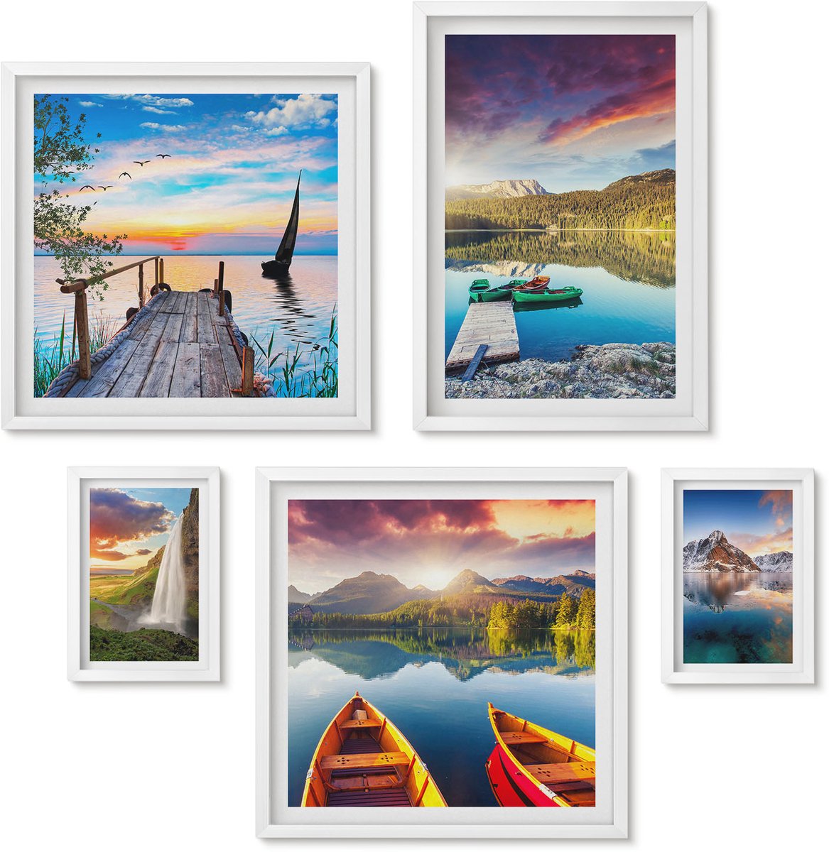 Wallfluent 5-Delige Schilderij Set - Natuurlandschappen Met Watervallen En Bergmeren - 50 x 50 cm, 20 x 30 cm En 40 x 60 cm - Decoratieve Muurdecoratie - Slaapkamer - Stijlvolle Muurdecoratie