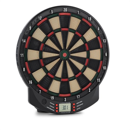 Zwart dartbord met 26 spellen, nummers 1-20, digitaal scorebord met '301' en geluidsopties.