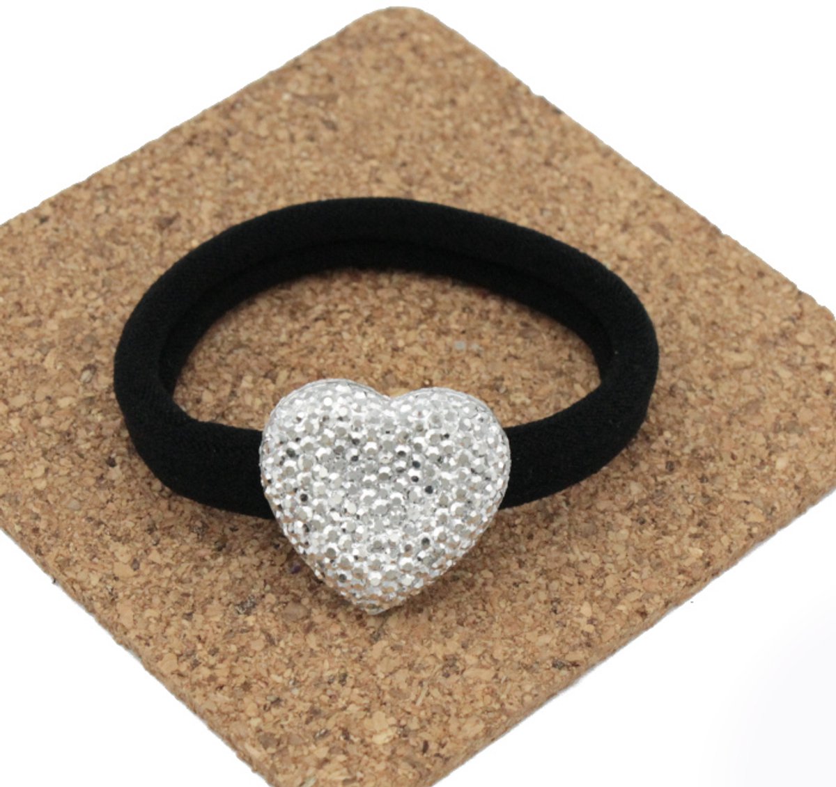 Sterke Zwarte Scrunchie met Zilver Hart en Kristallen