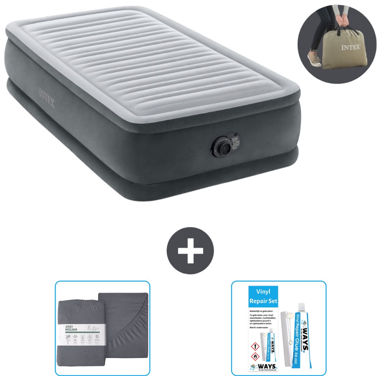 Bol.com Intex Luchtbed - 1-Persoons - 99 x 191 x 46 cm - Grijs - Inclusief pomp - Hoeslaken en Reparatieset aanbieding