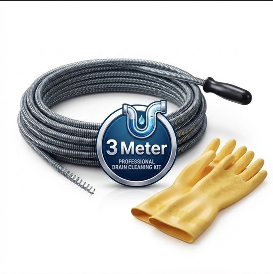 Een zilverkleurige ontstoppingsveer van 3 meter met een zwarte handgreep en een paar gele handschoenen.
