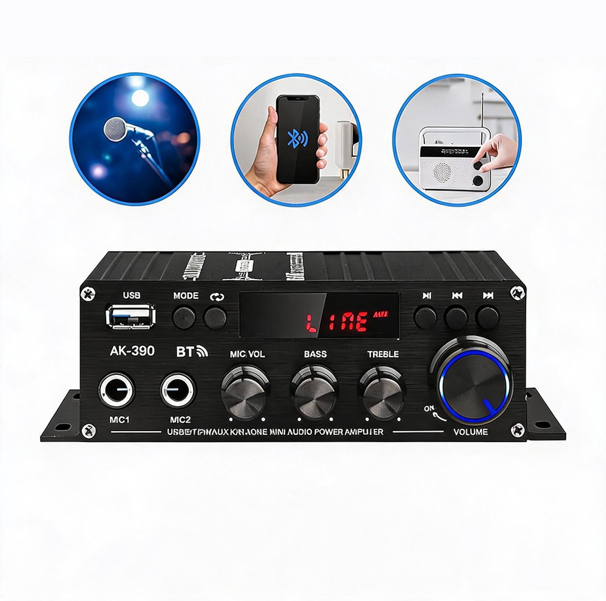 Bluetooth 5.0 Versterker - HiFi Stereo Versterker - Mini Audioversterker - 2.0 Kanaals - FM Radio - EQ 6 Standen - AUX/USB/RCA - 2 Microfoon - met Afstandsbediening - Voor Thuisbioscoop & Karaoke thumbnail 5