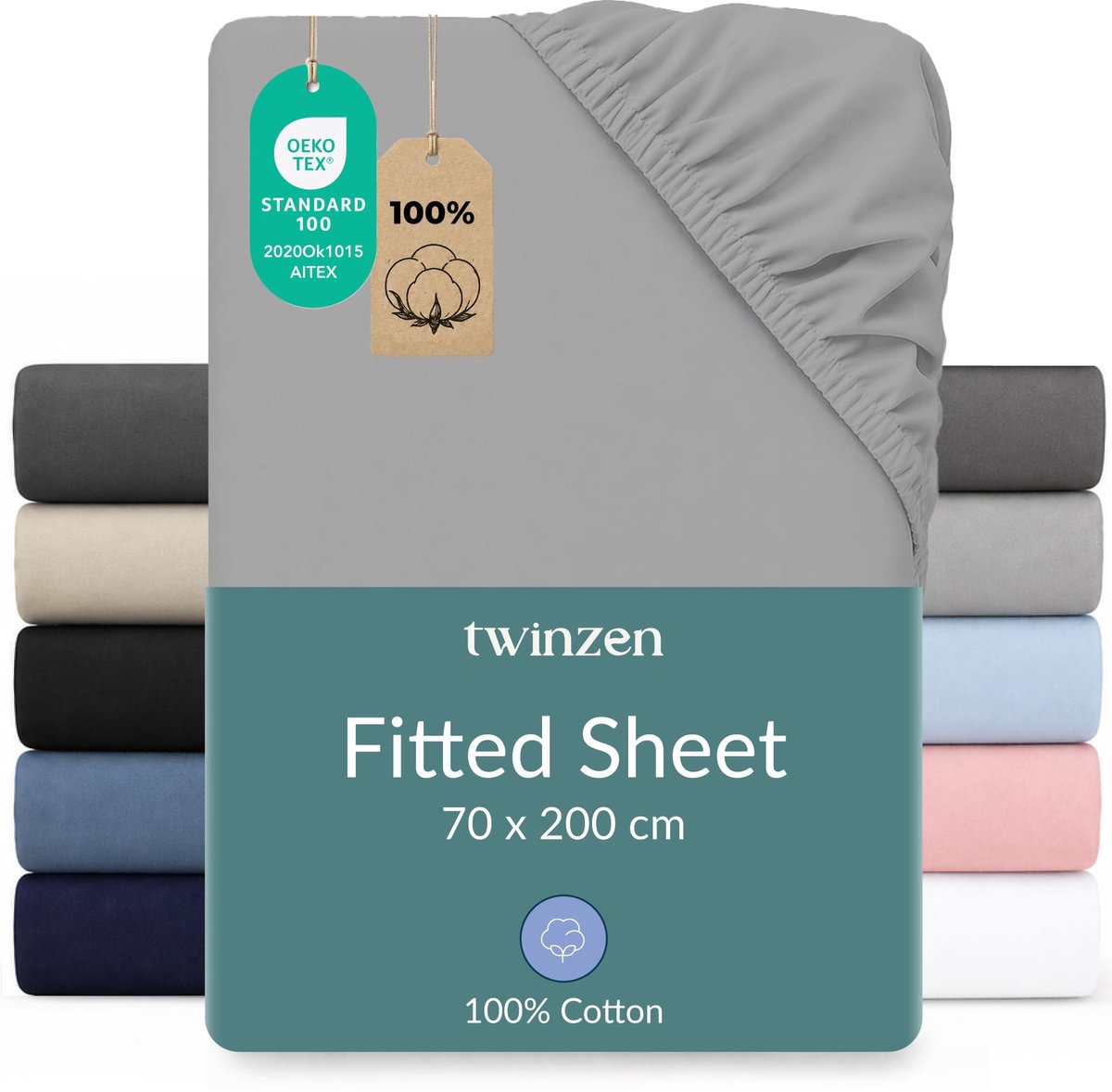 Twinzen hoeslaken 70x190/200 cm - 100% katoenjersey, grijs - Oeko-Tex gecertificeerd - Eenpersoons hoeslaken 70x190/200 - ShopVlot