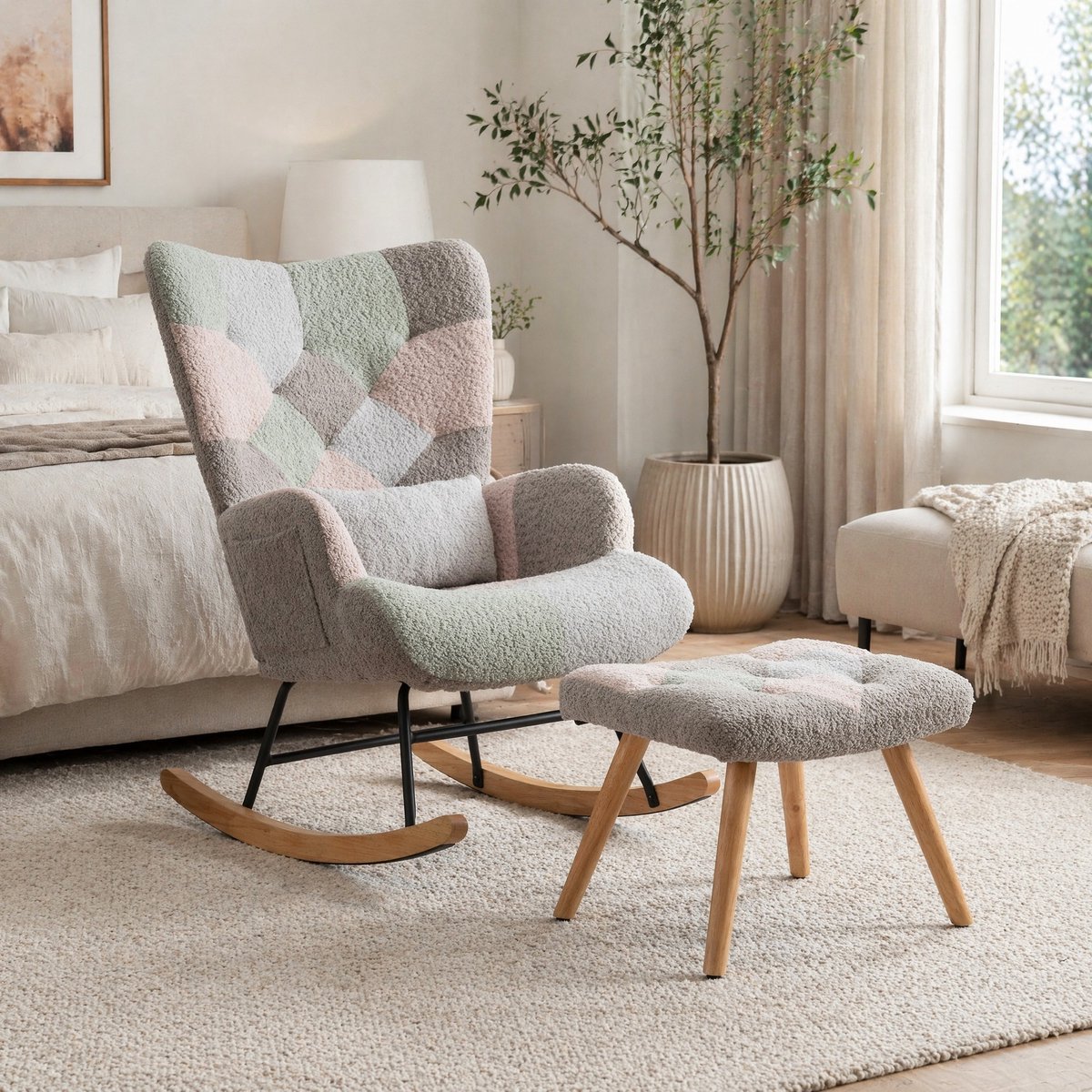 HAUSS SPOLE Schommelstoel - Fauteuil Met Hocker En Lendekussen - Veel¬kleurig Gestoffeerd - Voor Woonkamer, Slaapkamer En Terras - Houten Onderstel
