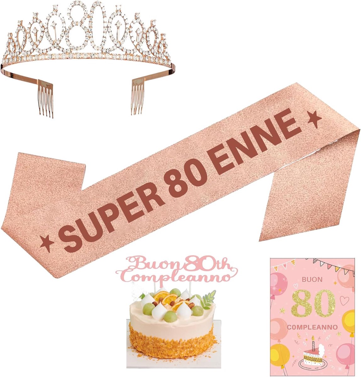 Jara Sash in Italian Super 80th Birthday Tiara Crown Birthday 80th Birthday Crown Card Top Cake Decoration for 80th - ShopVlot