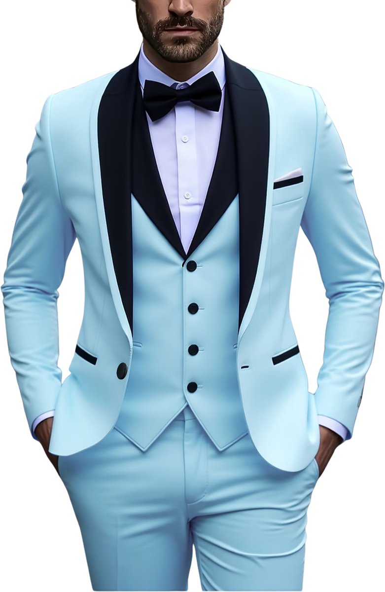 Currero 3 Delig Herenpak Met Overhemd Suit 2 Delig Tailored Fit Kostuum Business Pak Trouwpak Smoking Tuxedo Stijl Bruiloft Kantoor & Feest Hemelsblauw