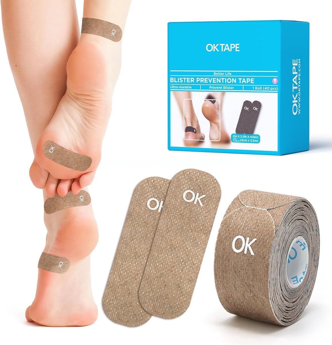 OK Tape Blister Prevention Tape, ontworpen voor atleten, ademend, duurzaam, conform, 5 cm x 8,9 cm (bruin, 40 stuks) - ShopVlot