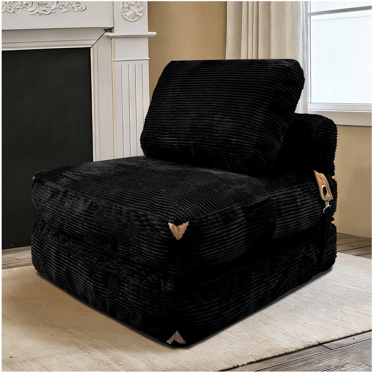 MODENUIT Zitzak 87 x 86 x 40 cm - Opvouwbaar Sofa Bed - Voor Woonkamer En Slaapkamer - Ribstof - Zwart