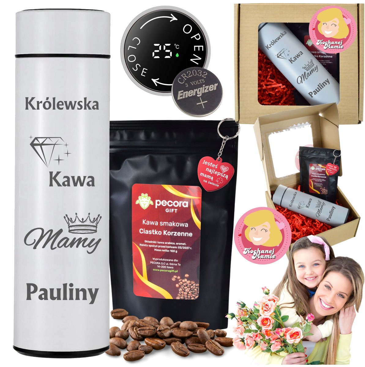 Cadeauset Moederdag: Thermosbeker met LED, Sleutelhanger & Koffie