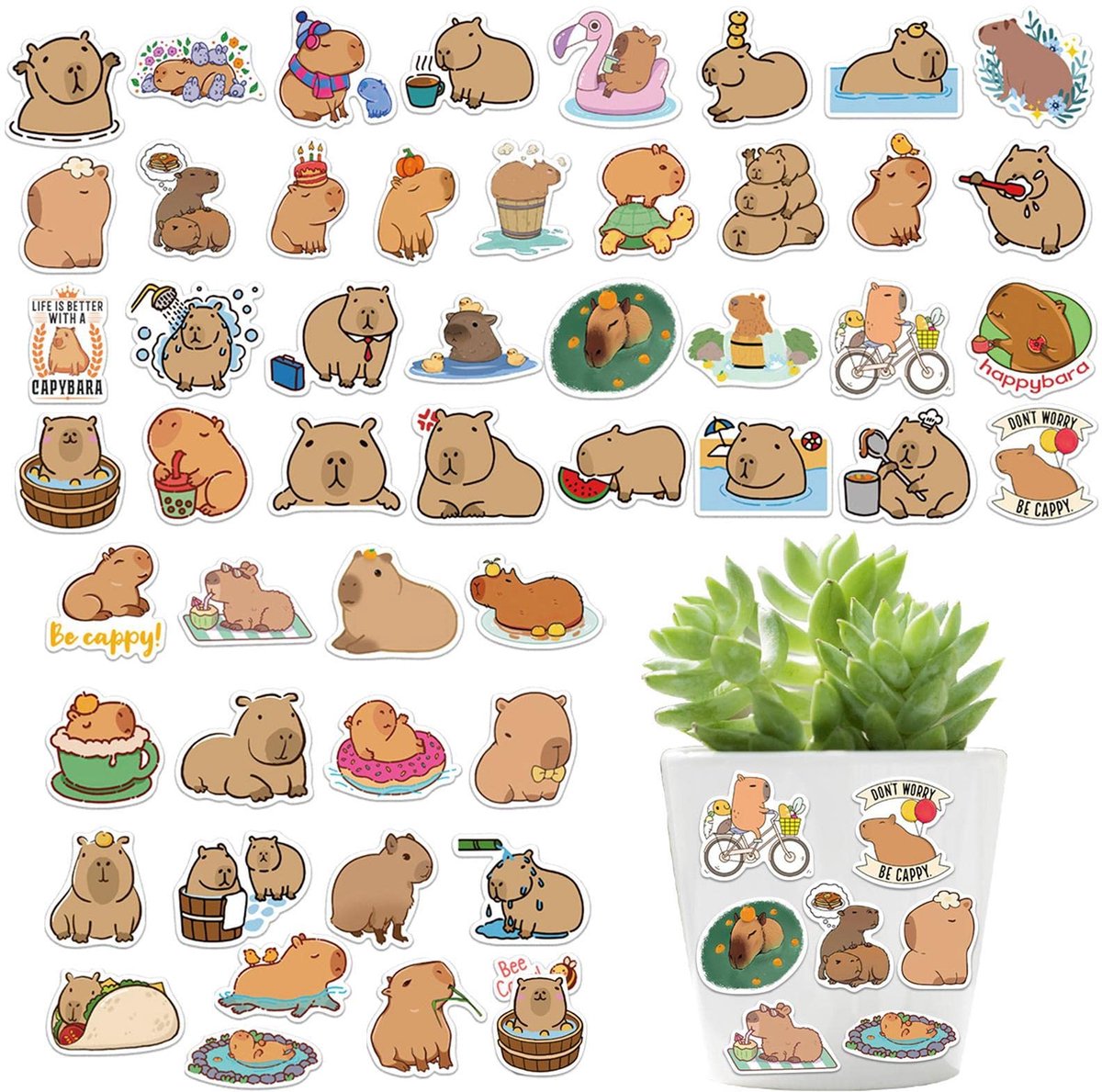 50x capybara stickers - Cabybara's - Schattige dierenstickers - Knaagdieren - Bulletjournal - Laptopstickers - Waterfles - Decoratie - Kofferstickers - Knutselen - Jonyx