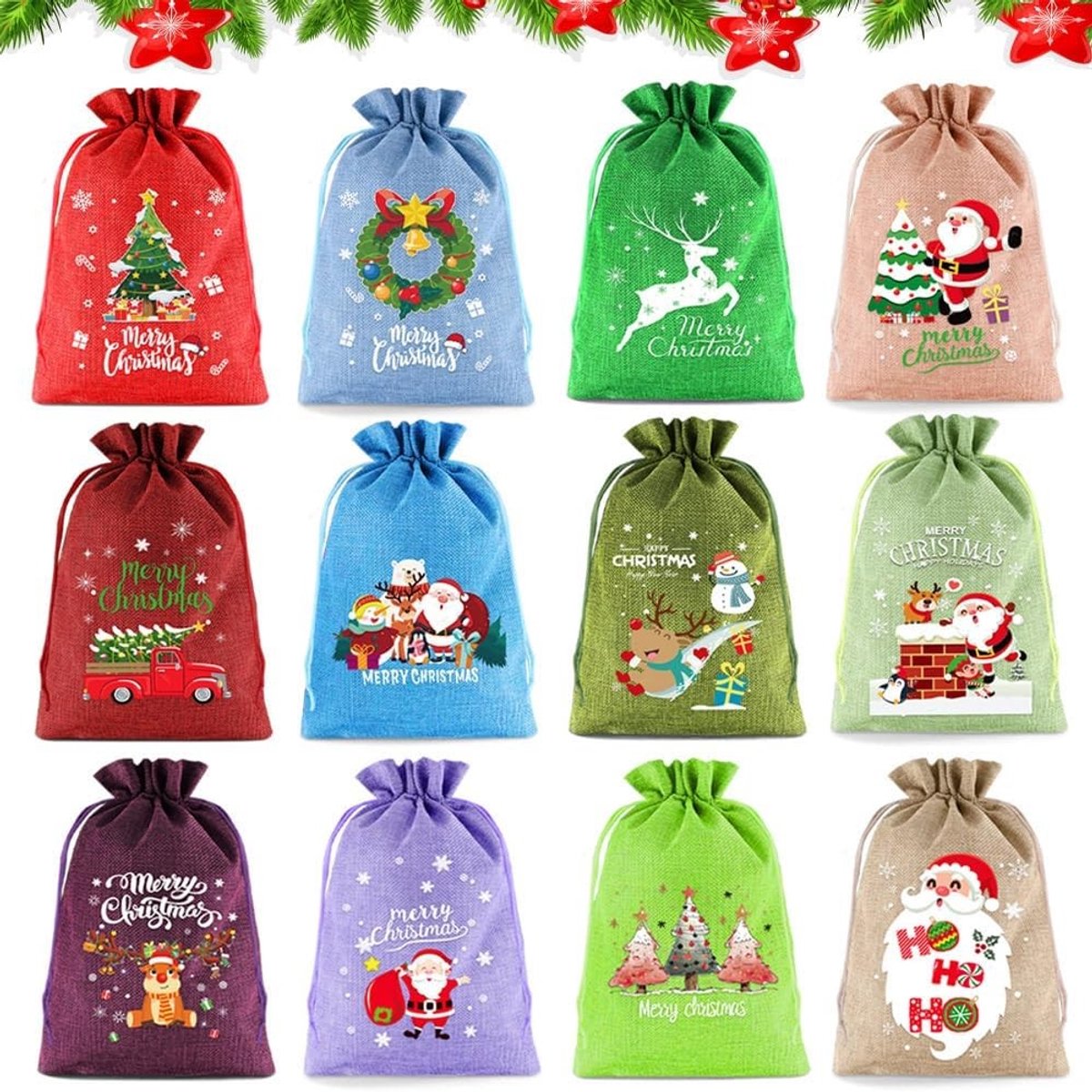 Cadeauzakjes met Trekkoord - Kleurrijk - 20 x 30 cm - Herbruikbare Kerstcadeauzakjes - Voor Feestdagen en Vakantiegeschenken