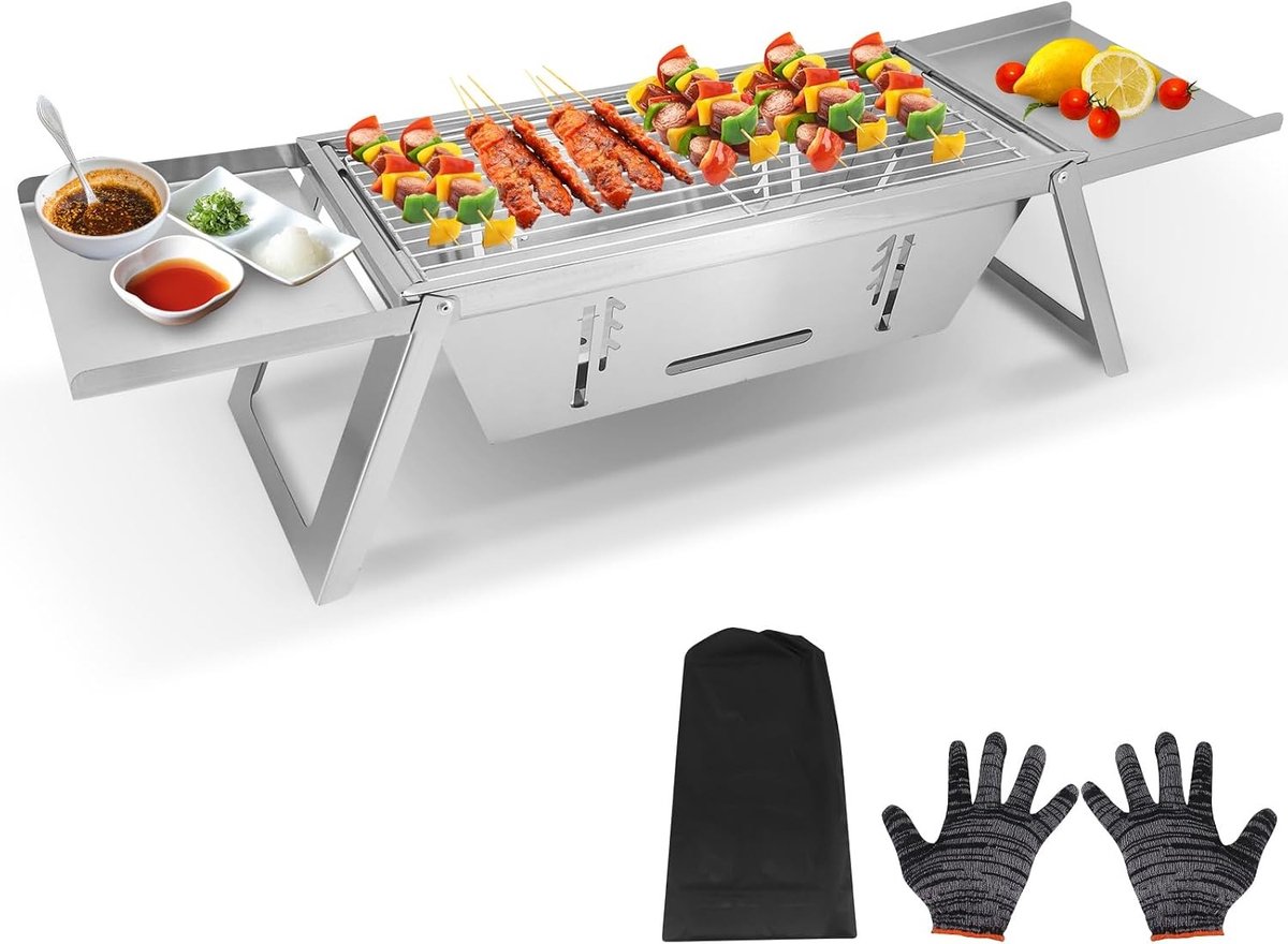 Draagbare Houtskoolgrill - Roestvrij staal - 40 x 20 x 17 cm - Opvouwbare Barbecue met Draagtas - Voor Buiten en Kamperen