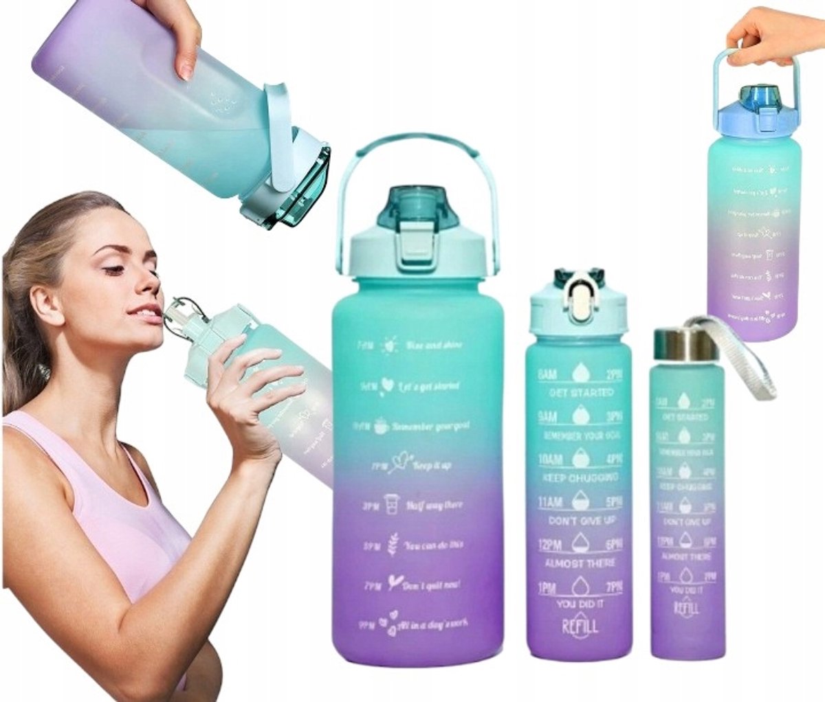 Motiverende Drinkflessen Set met Rietje - 3 Stuks (2L, 750ml, 300ml)