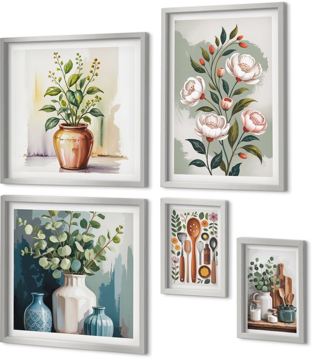 Coloray 5-Delige Schilderij Set - Geschilderde Bloemen En Fruit In Vazen - 20 x 30 cm - Moderne Wanddecoratie - Woonkamer
