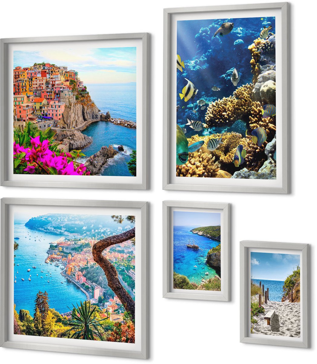 Coloray 5-Delige Schilderij Set - Berglandschappen Met Water En Rotsen Op De Achtergrond. - 20 x 30 cm - Wanddecoratie - Schilderijen Set - Kantoor - Interieur Decoratie