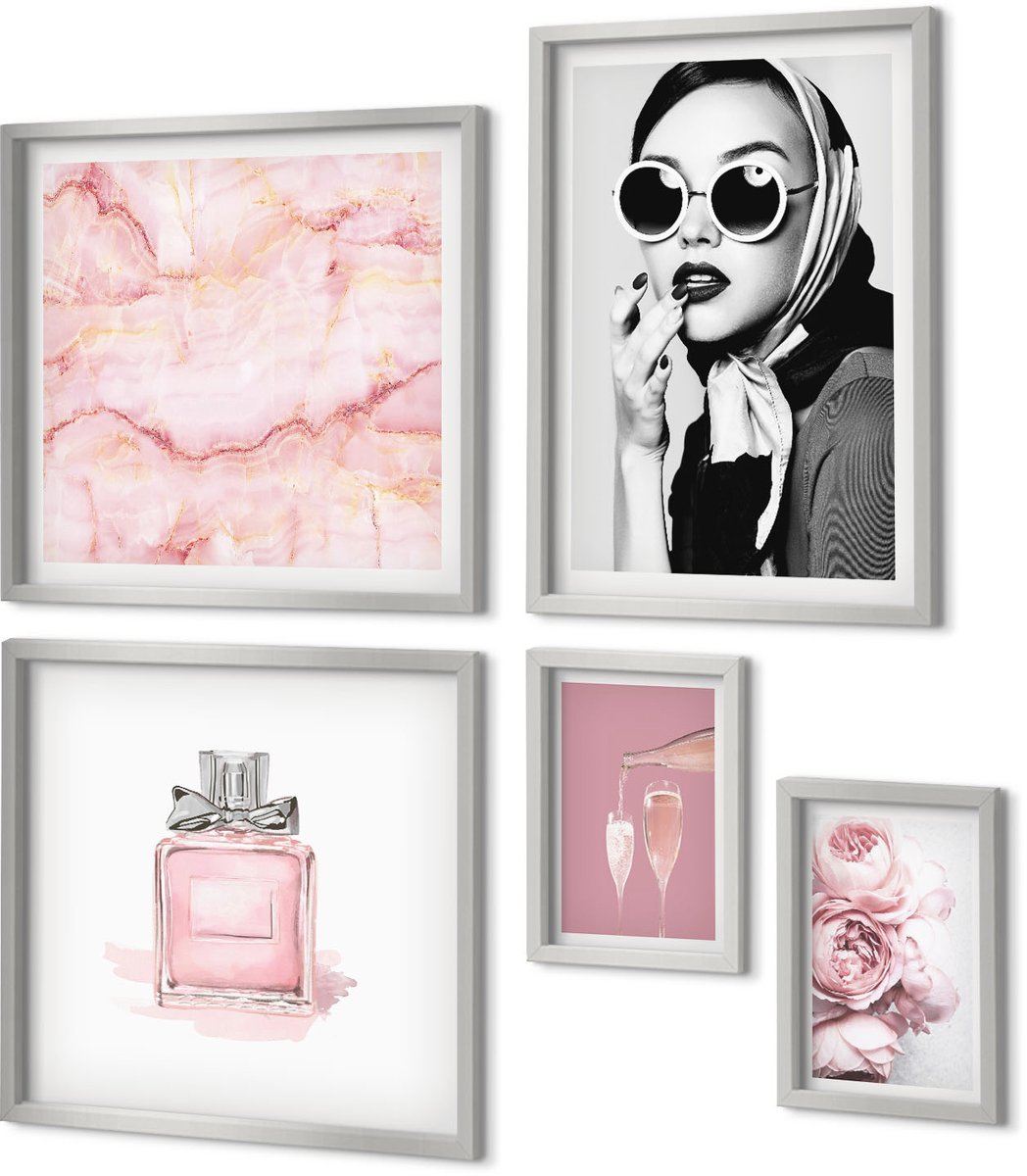 Coloray 5-Delige Schilderij Set - Stijlvolle Vrouwelijke Accessoires In Roze Tinten - 20 x 30 cm - Muurdecoratie - Schilderijen Set - Woonkamer - Moderne Wanddecoratie